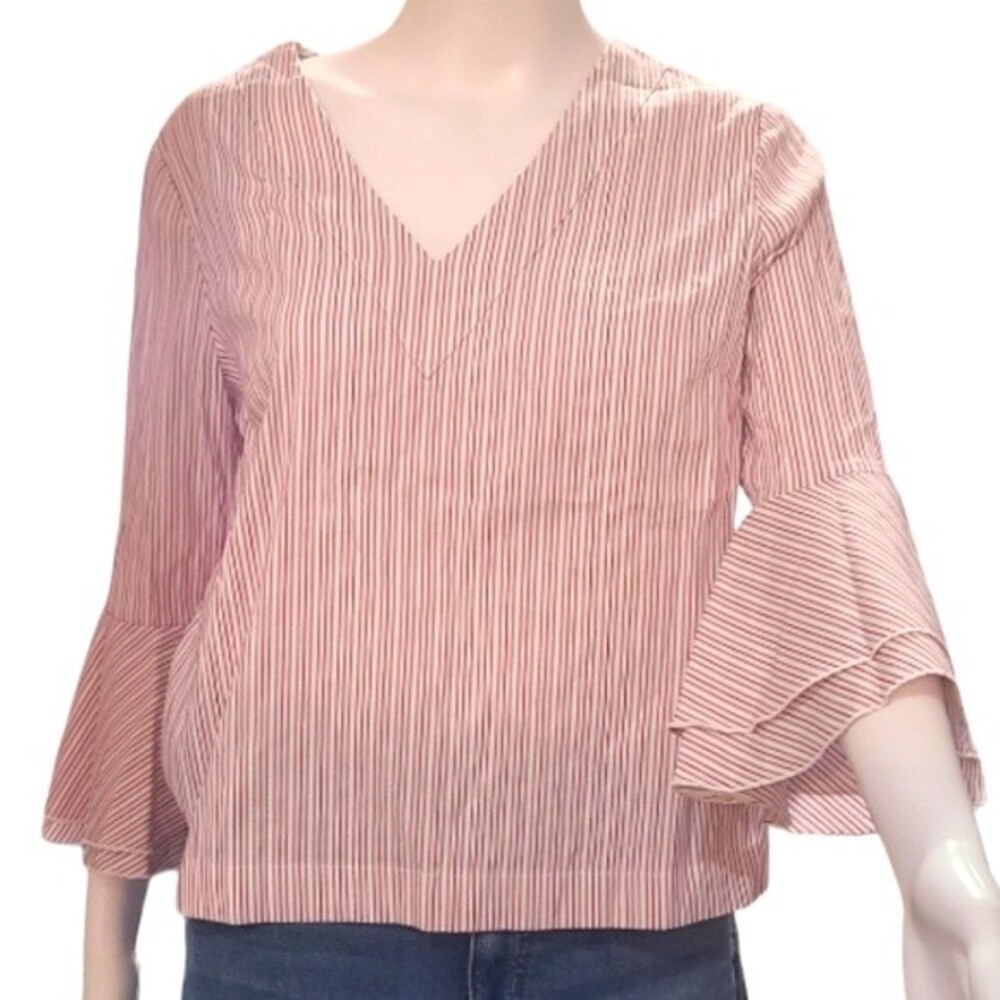 White House Black Market pink white striped v-neck bell sleeve top size 6 - Picture 2 of 7